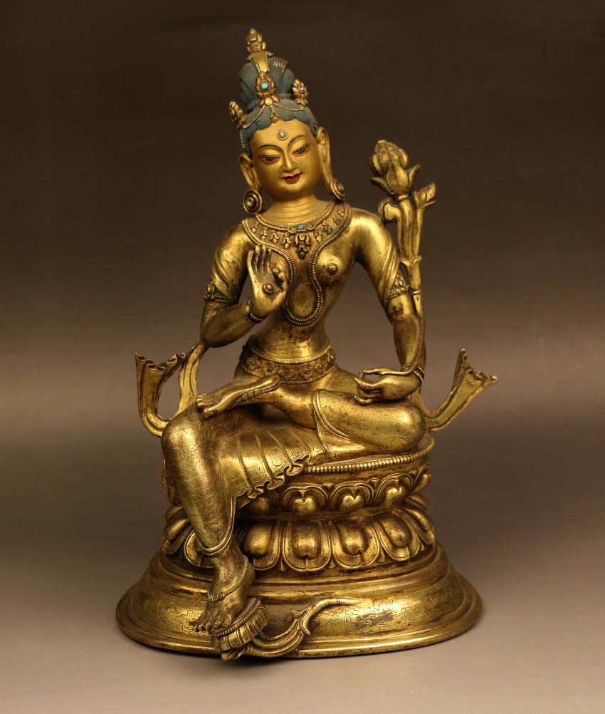 antique excellent Tibetan Green Tara Buddha Pure Bronze Old Statue
